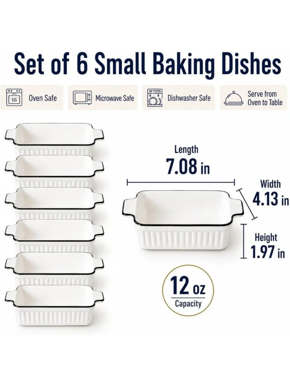 6 Pcs Small Ceramic Baking Dishes Set, 12 Oz Casserole & Lasagna Pans, Oven Safe